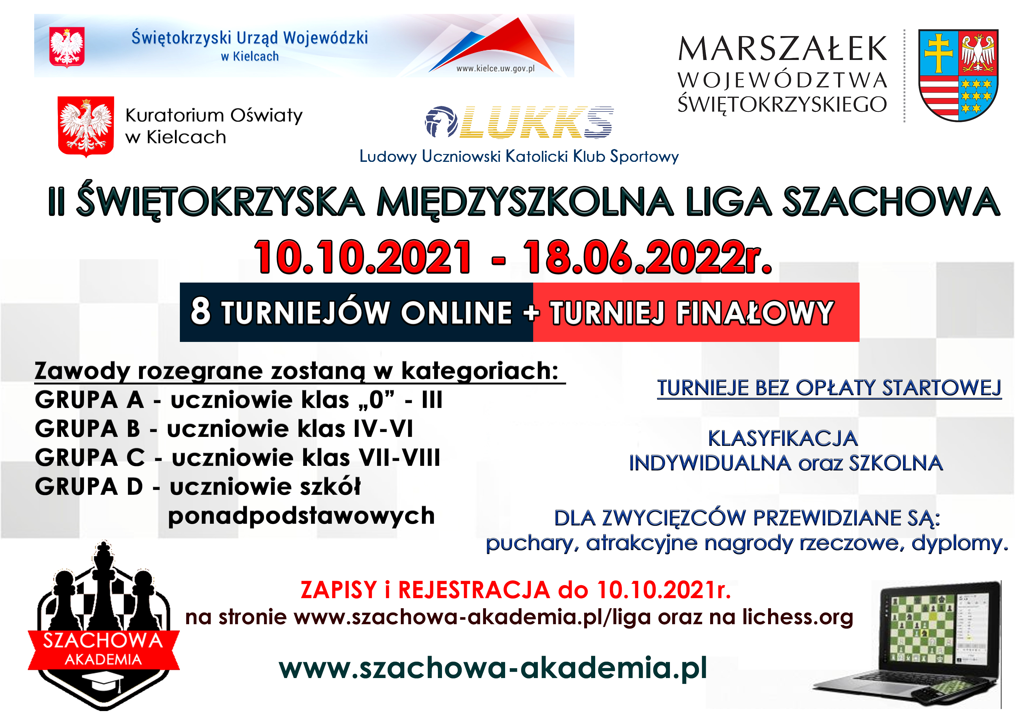 Grafika przedstawiająca plakat II Świętokrzyskiej Międzyszkolnej Ligi Szachowej, która będzie odbywała się w dniach od 10.10.2021 do 18.06.2022